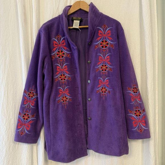 Bob Mackie Jacket Womens Large Wearable Art Fleece Jacket Embroidered Purple Red - Picture 8 of 8